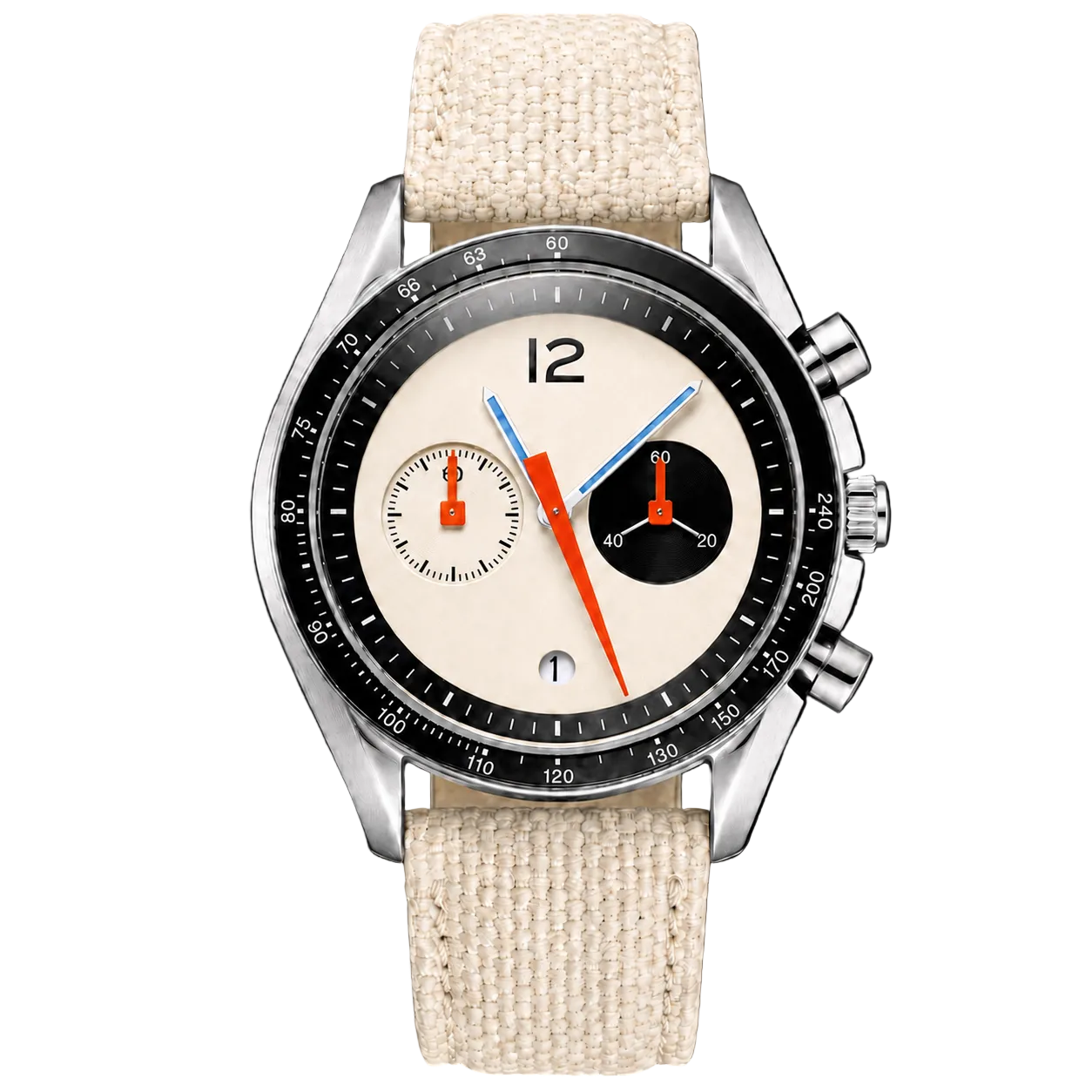 A wristwatch with a silver-toned metal case, a black tachymeter bezel, a cream-colored dial with black and orange details, and a textured beige fabric strap, shown against a solid black background.