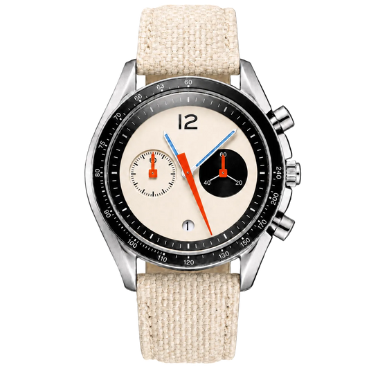 A wristwatch with a silver-toned metal case, a black tachymeter bezel, a cream-colored dial with black and orange details, and a textured beige fabric strap, shown against a solid black background.